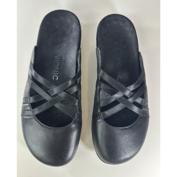 Vionic CLAIRE Flat Mule Slide Leather Crisscross Comfort Shoes Black Size 9 - Picture 11 of 15
